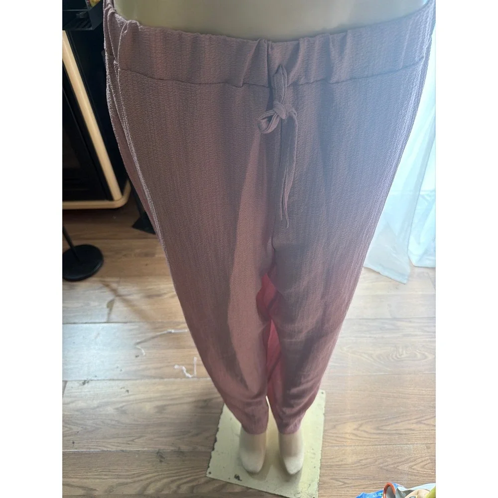 Mauve Textured Two Piece Lounge Set Button Down Shirt and Drawstring Pants